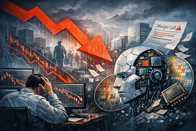 A digital illustration of a crashing stock market chart with lines representing a steep decline, set against a dark background with red and orange tones, symbolizing the July 2026