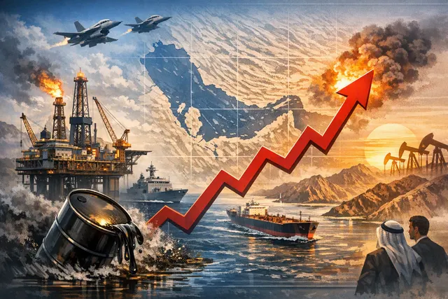 A graphic showing an oil rig silhouette against a sunset with a Brent crude oil price chart overlay, representing the August 4, 2026 oil price surge.