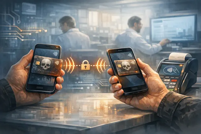 Illustration of a zombie credit card connected by NFC signals to two smartphones and a contactless payment terminal