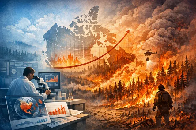 Aerial view of a Canadian boreal forest fire with smoke plumes rising over a remote landscape, illustrating the extreme fire weather conditions studied by World Weather Attribution