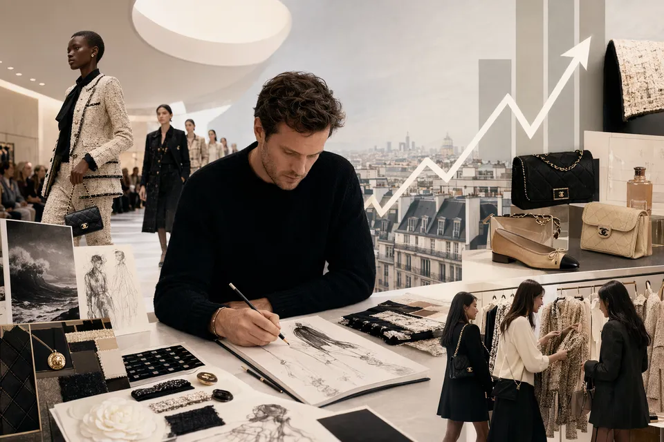 Editorial illustration representing Chanel’s 2025 growth driven by new designs and luxury demand