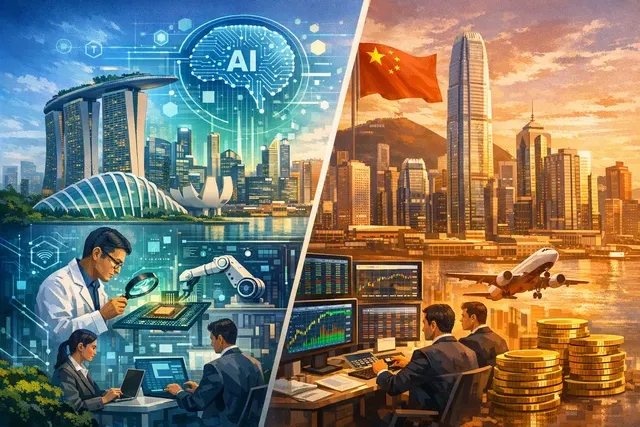 Side-by-side visual comparison of Singapore and Hong Kong financial districts, with a data overlay showing AI model access versus tax rates