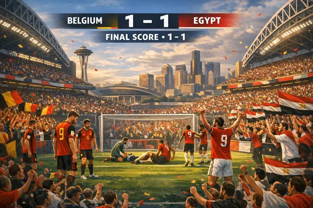 Romelu Lukaku celebrates after forcing the equalizing own goal in the Belgium vs Egypt World Cup 2026 Group G match at Lumen Field.
