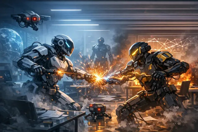 Conceptual AI-generated image of multiple autonomous AI agents in a shared environment, representing the multiagent turf war experiment by Anthropic's Frontier Red Team.