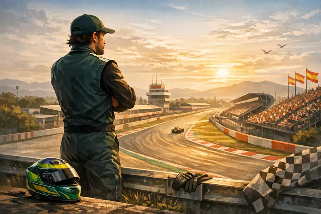 Fernando Alonso stands by his car looking reflective at the Barcelona-Catalunya circuit, with Spanish flags in the grandstand behind him.