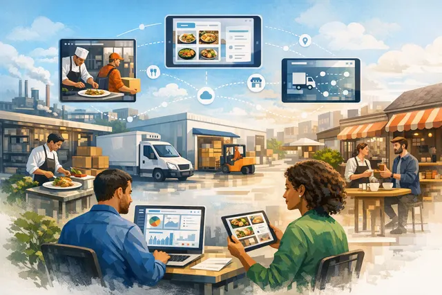 Abstract illustration of a digital platform connecting food supply chain operations including ordering, inventory, and finance