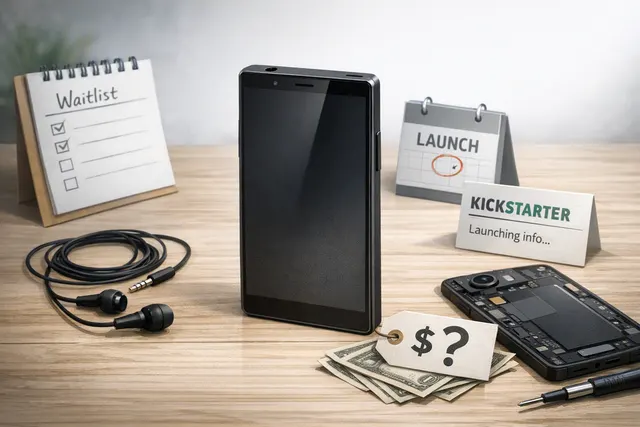 Render of the Minimal Phone 2 in silver showing its physical QWERTY keyboard, OLED display, and aluminum body
