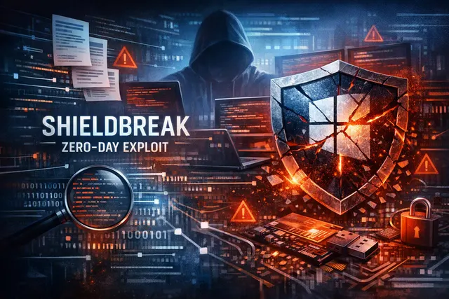 ShieldBreak Windows zero-day exploit targeting Microsoft Defender, showing a broken shield icon against a technical background.