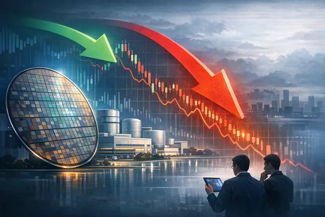 Editorial illustration of TSMC semiconductor manufacturing and falling share-price expectations after strong July revenue growth