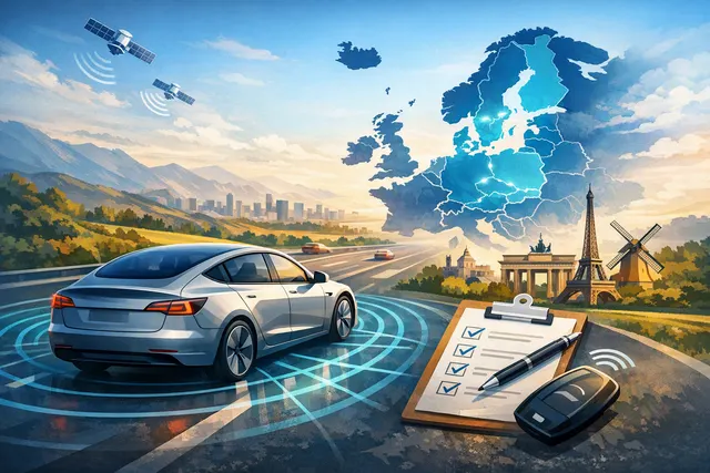 Tesla Full Self-Driving interface displayed on a vehicle touchscreen, representing the FSD system's rollout in Europe.
