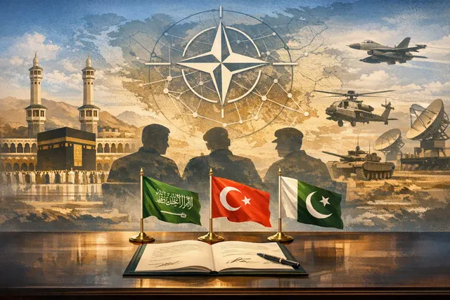 Mecca Joint Defence Agreement signing ceremony concept image showing Saudi Arabia, Turkey, and Pakistan flags with the Kaaba in Mecca, representing the August 7, 2026 mutual defens