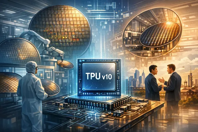 A conceptual image of Google's next-generation Icefish TPU being assembled from components made by TSMC and Samsung