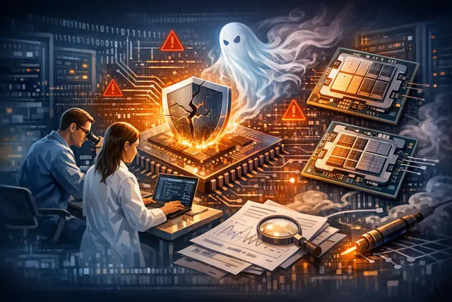 Microchip with glowing circuits representing speculative execution attack
