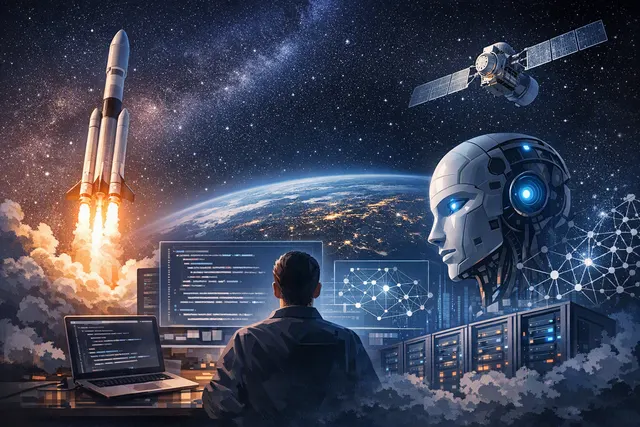AI-generated editorial illustration of SpaceX's Colossus data center complex and the Cursor AI coding interface, symbolizing the $60 billion acquisition