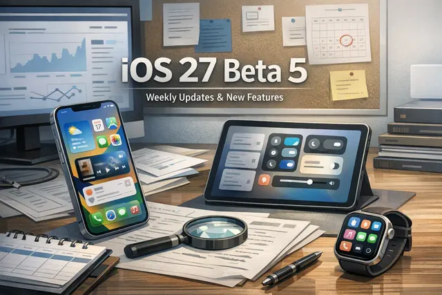 iPhone displaying iOS 27 Beta 5 interface with Liquid Glass design and Siri AI search interface