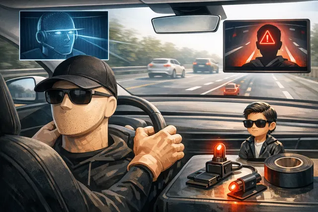 A silicone plastic head resembling a driver positioned in a Tesla seat to trick the cabin camera monitoring system.