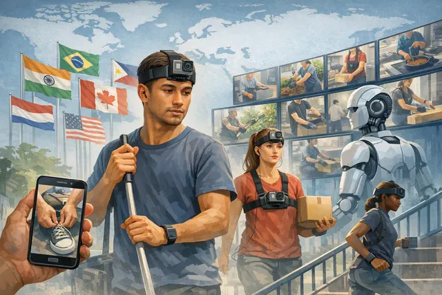 Gig worker wearing a head-mounted smartphone and motion-tracking gloves while performing household chores, with inset icons showing data flowing to Tesla, Figure AI, and Agility Ro