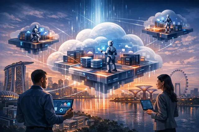 Abstract illustration of AI agents connecting to distributed enterprise data across clouds, on-premises systems and edge locations