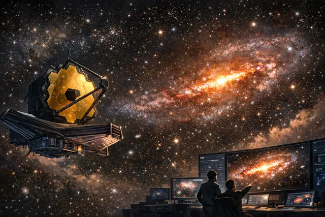 An artist's illustration of the early galaxy GN20, with a prominent stellar bar stretching across its gas-rich disk, imaged by JWST's infrared instruments through a veil of cosmic