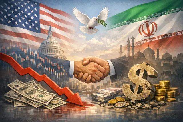 A financial chart showing a declining U.S. dollar line and rising gold and equity indexes against a backdrop of a geopolitical map highlighting Iran, the Strait of Hormuz, and Leba