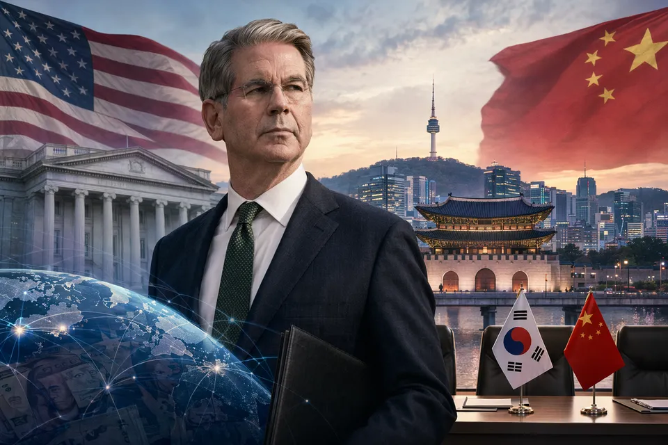 AI-generated editorial illustration of Scott Bessent’s reported Seoul stop ahead of a Trump-Xi summit
