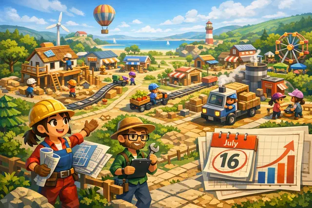 Colorful illustration of a chaotic town-building game with a mayor managing construction, workers, and logistics