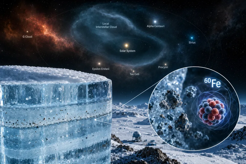 Illustration of supernova stardust particles falling onto Antarctic ice representing iron‑60 debris reaching Earth