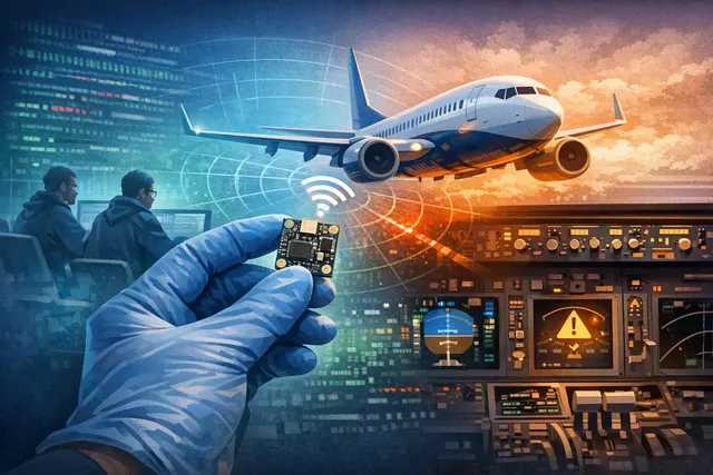 AI-generated image of a small coin-sized device next to a Boeing 737, representing the quarter-sized hacking device that can hijack the aircraft's autopilot.