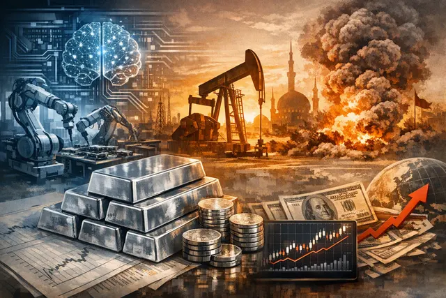 AI-generated editorial illustration of silver bars and coins against a glowing data-center and geopolitical market backdrop