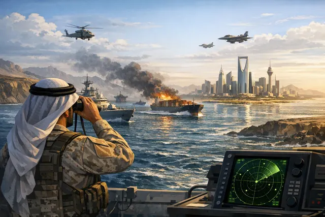 Illustration of a multinational maritime defence alliance protecting shipping routes near the Red Sea and Strait of Hormuz