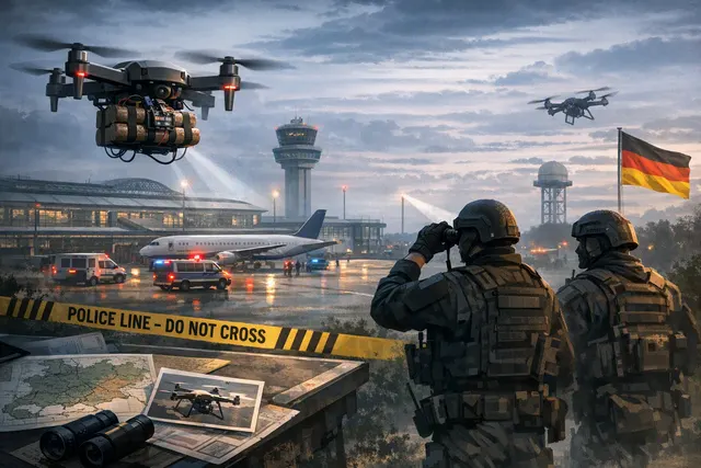 An illustration representing a drone with explosive devices near a runway at Leipzig/Halle Airport, with warning lights and security barriers, symbolizing the August 2026 German dr