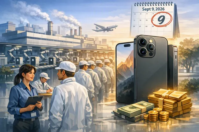 Editorial illustration of Foxconn workers and an iPhone production line in Zhengzhou ahead of the reported iPhone 18 Pro ramp