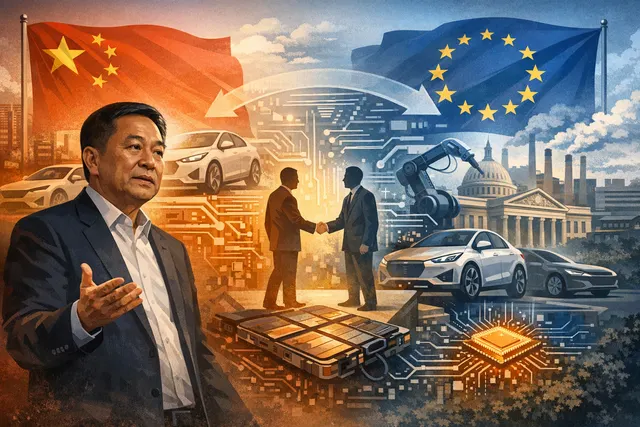 Digital illustration of a European factory floor symbolizing Chinese EV manufacturing hubs being established in Europe without transferring core technology.