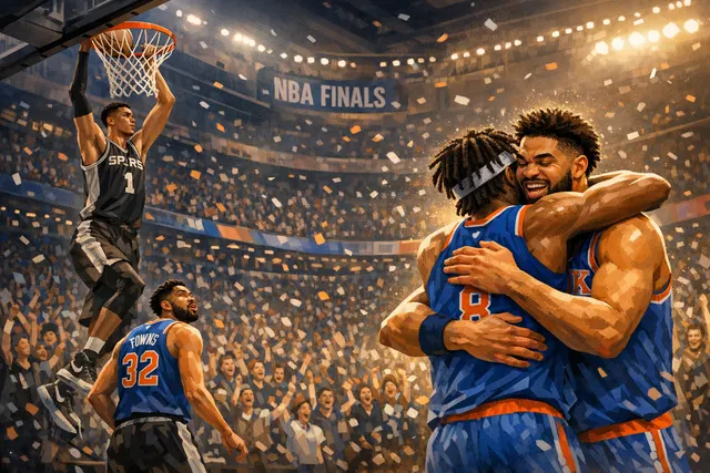 New York Knicks players celebrating a historic 29-point comeback victory in Game 4 of the 2026 NBA Finals.