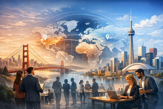 Collage of European and US city skylines connected by digital network lines, representing Legora's transatlantic AI legaltech expansion
