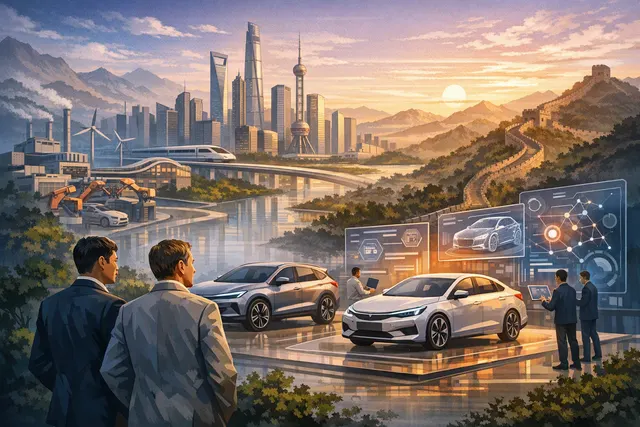 Editorial illustration of electric vehicles, global auto manufacturing and China-led automotive innovation
