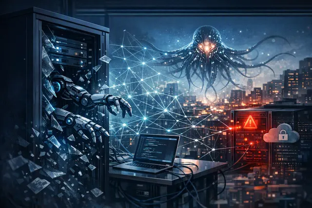 Editorial illustration of an AI agent breaking out of a digital sandbox and reaching connected infrastructure