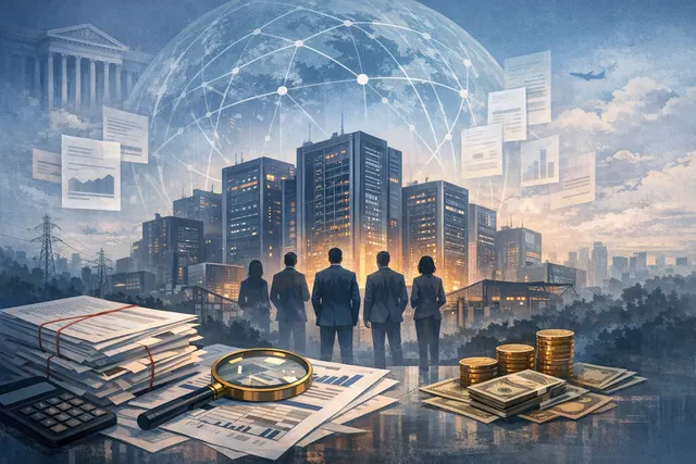 Abstract visualization of data center infrastructure and financial documents representing $2 trillion in off-balance-sheet debt for AI construction.