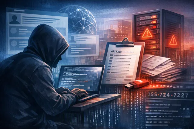 Editorial illustration of exposed Stripe merchant API credentials and customer payment data