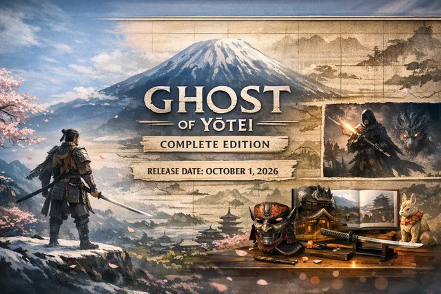 Ghost of Yōtei Complete Edition key art featuring Atsu in a snowy Japanese landscape with dual katanas