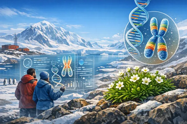 Illustration of Antarctic pearlwort growing in a snowy Antarctic landscape alongside a stylized chromosome genome map