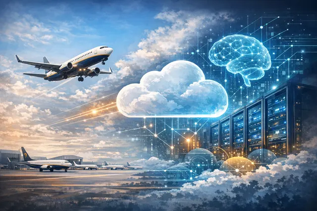 A visual representation of the partnership between Ryanair and Amazon Web Services, featuring aircraft and cloud computing imagery.