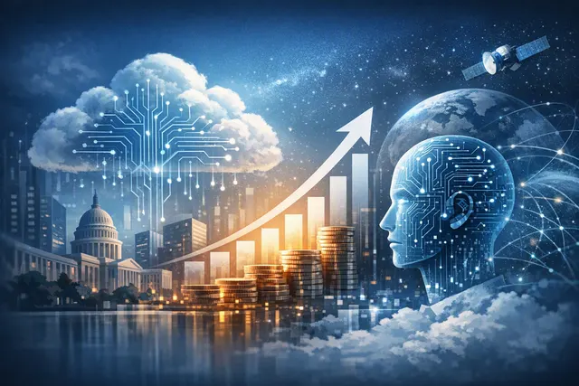 Abstract editorial illustration of Microsoft Azure and AI cloud infrastructure competing with AWS and Google Cloud
