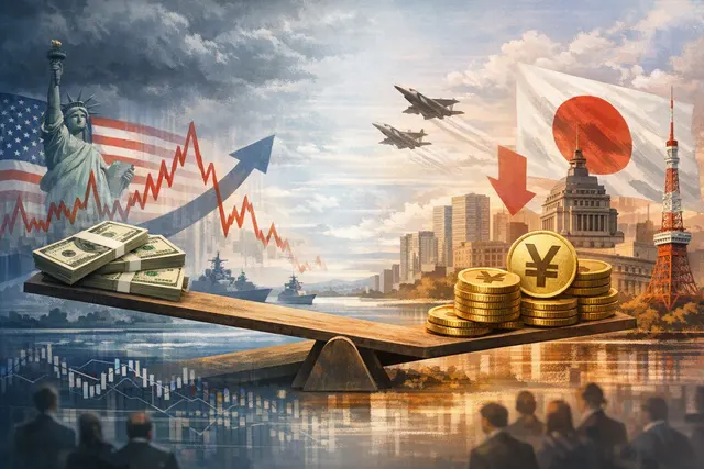 Editorial illustration of Japanese yen and US dollar exchange rate chart showing a sharp strengthening spike near 156 after a prolonged decline above 164