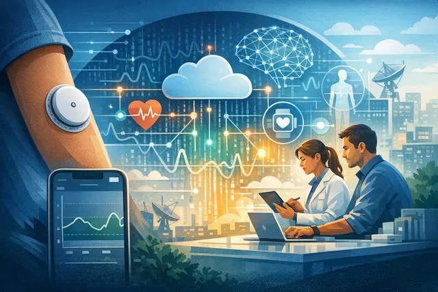 Digital concept of Abbott Lingo continuous glucose monitor and Google Health app integration showing glucose data and AI insights