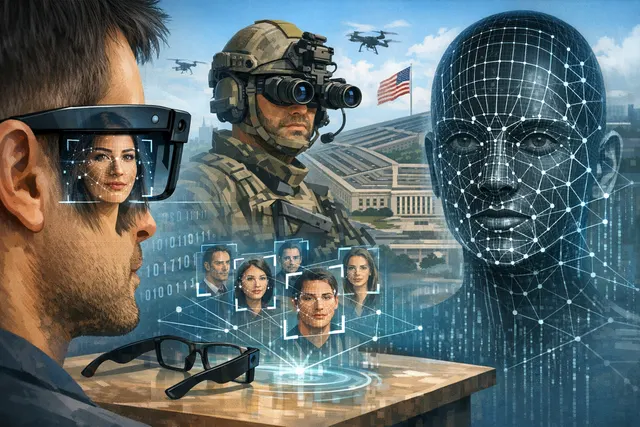 Editorial illustration representing Meta's smart glasses facial recognition controversy and the NameTag code discovery