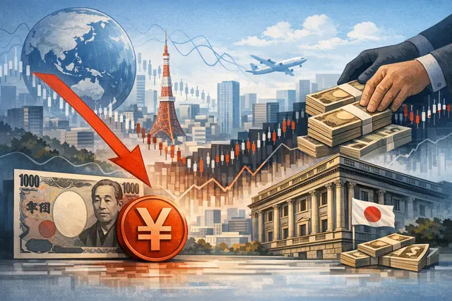Abstract financial visualization of Japanese yen banknotes and a falling exchange rate chart against the US dollar, representing currency weakness and BoJ policy decisions.