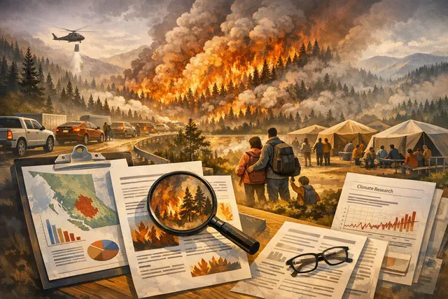A dramatic wildfire burns near a lakeside community in British Columbia, with flames climbing high and smoke filling the sky, illustrating the August 2026 Bald Range fire emergency