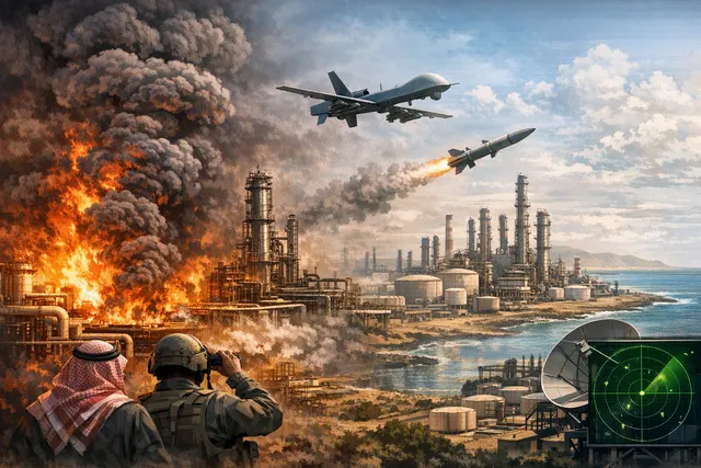 AI-generated conceptual image of smoke rising from an oil refinery complex near a coastline, representing the Houthi missile and drone strikes on Saudi Aramco's Jazan and Jubail fa