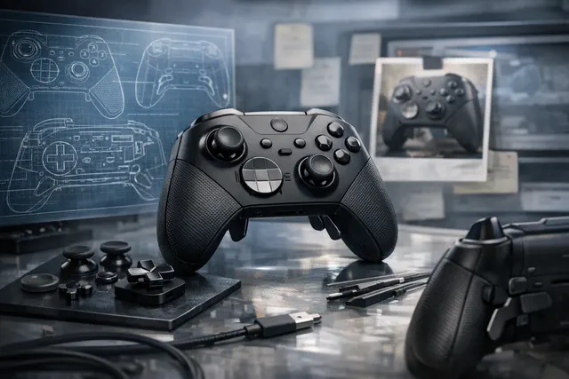 An AI-generated editorial illustration of an Xbox Elite Series 3 controller prototype with a small built-in screen between the triggers and scroll wheels on the bottom edge.